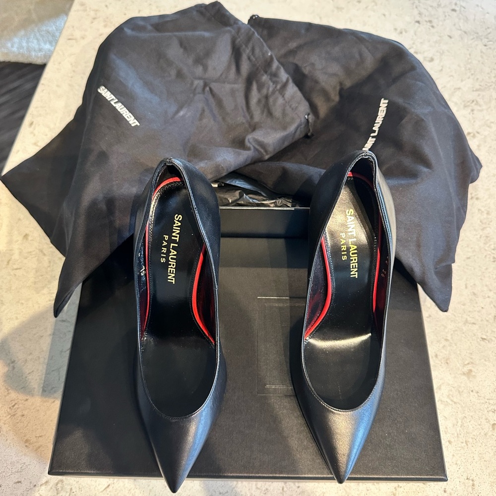 Authenticated Black 36.5 Saint Laurent 105 point Toe Pump.
